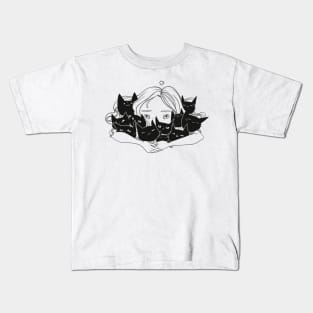 Anime Girl Hugging Many Black Cats Kids T-Shirt